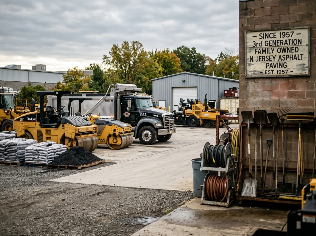 Paving crew and equipment ready for asphalt and driveway work on a residential or commercial site.