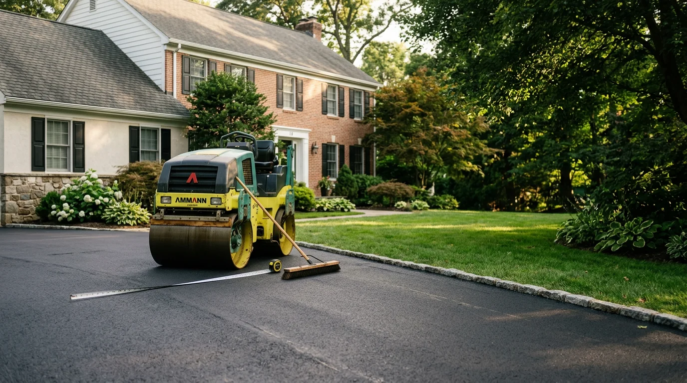 Professional asphalt paving crew working on a residential driveway in New Jersey