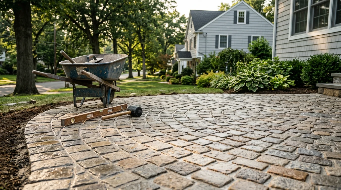 Professionally installed Belgian block edging along a residential driveway