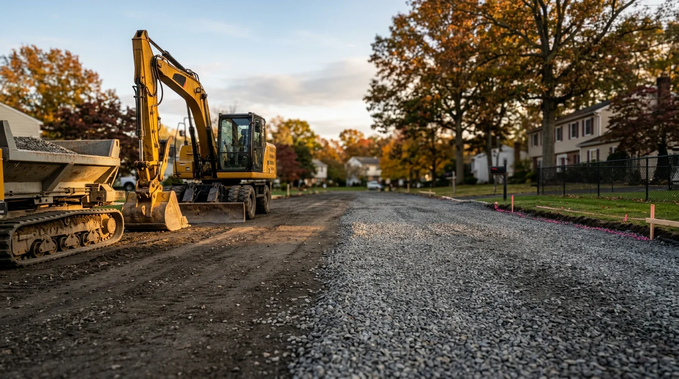 Excavation equipment preparing a residential property for paving in New Jersey