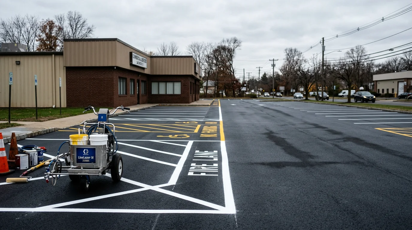 Freshly striped commercial parking lot with clear white lines and markings