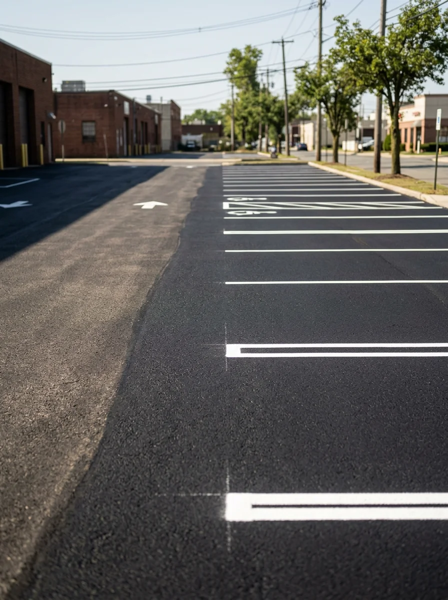 Commercial parking lot with new line markings and seal coating in Bergen County, showing proper drainage grading