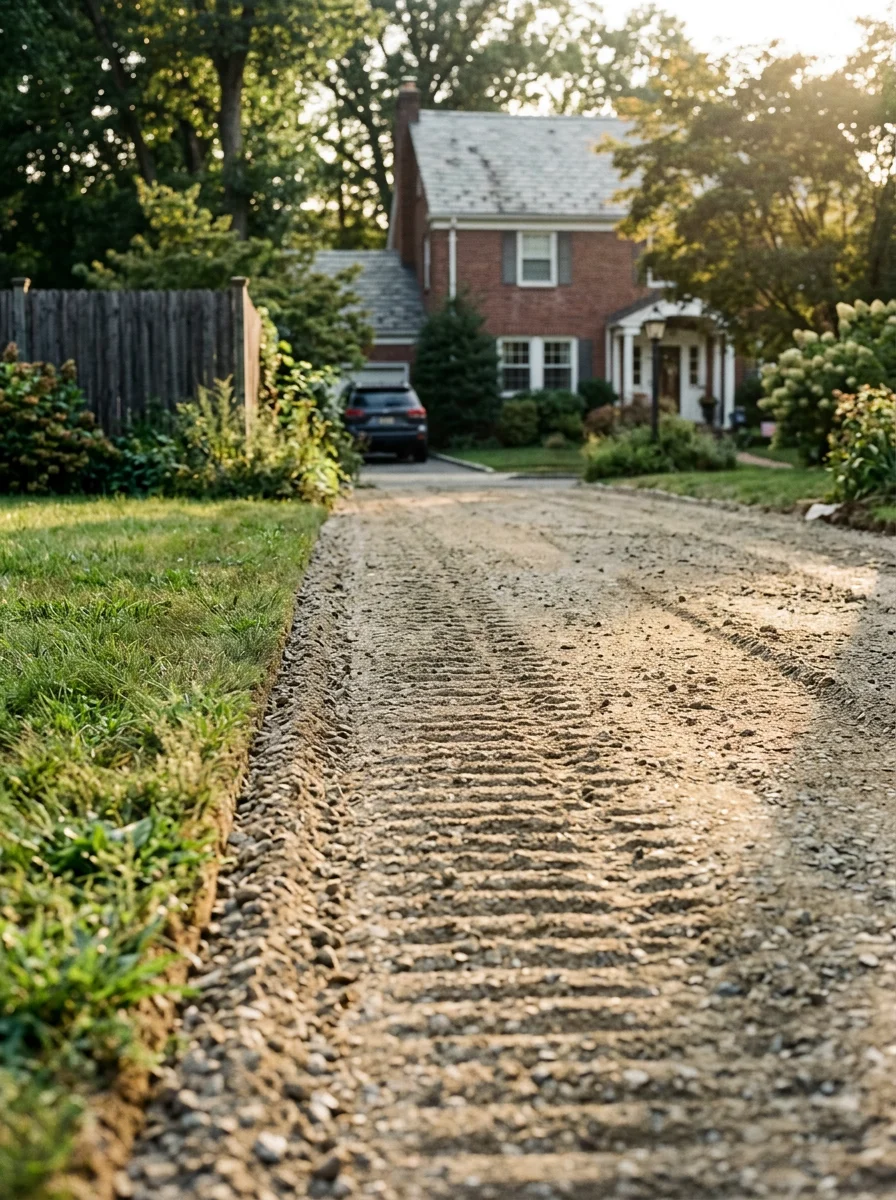 Asphalt driveway replacement in progress on a residential property in Montclair, NJ, showing compacted stone base layer before hot mix asphalt is applied.