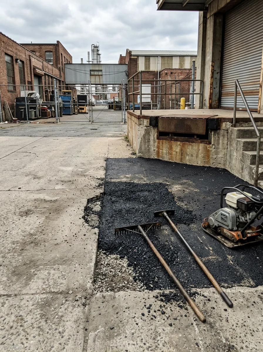 Pothole repair in progress on an industrial property driveway in Bayonne, NJ, showing compacted hot mix asphalt being applied to a failed section near a loading dock.