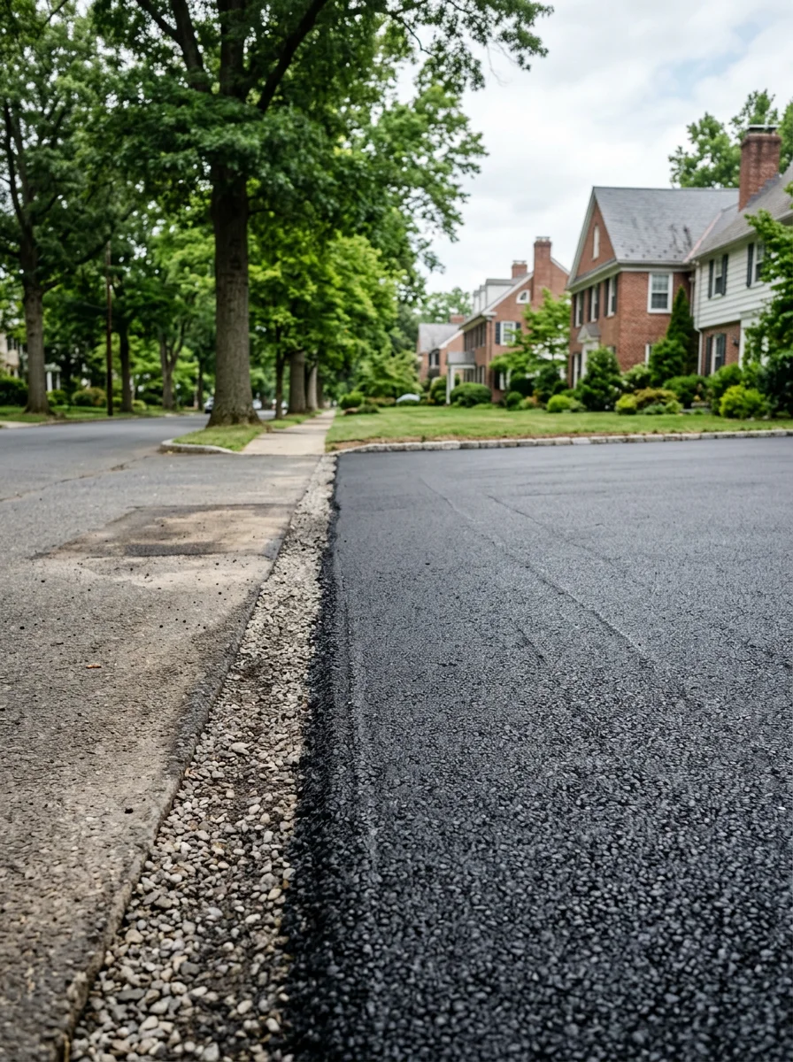New residential driveway installation in Princeton, NJ, showing hot mix asphalt being compacted on a properly graded stone base on a tree-lined residential street.