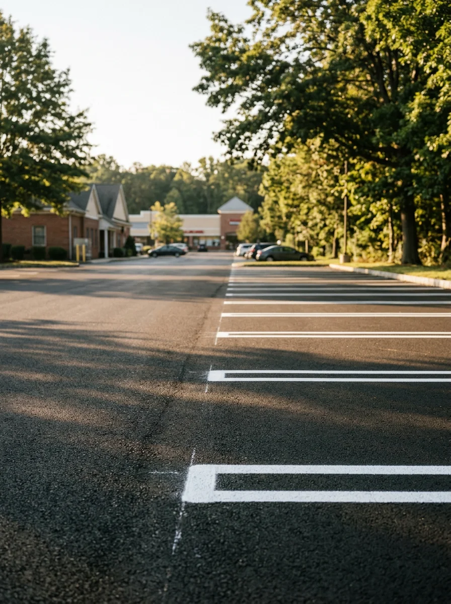 Commercial parking lot in Morris County, NJ freshly striped with white lines after asphalt resurfacing, surrounded by mature trees along a Route 10 corridor.