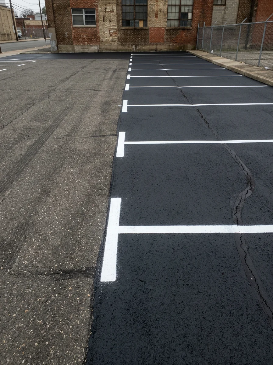 Close-up of a crack-filled and seal-coated commercial parking lot surface in Passaic County, NJ, with crisp white parking lot striping visible.