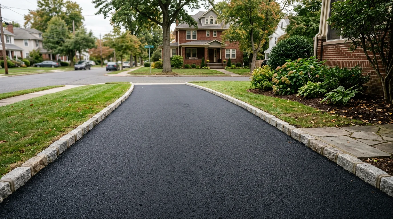 Freshly paved asphalt driveway with clean edges in a residential neighborhood in Passaic County, NJ, showing smooth black surface and Belgian block border.