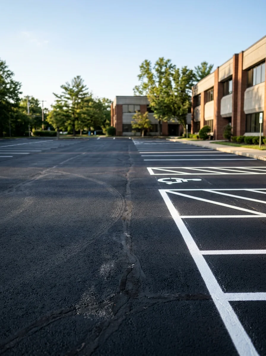 Commercial parking lot at an office park along Route 22 in Bridgewater, NJ, freshly seal coated and restriped with white parking space lines and accessible parking markings.
