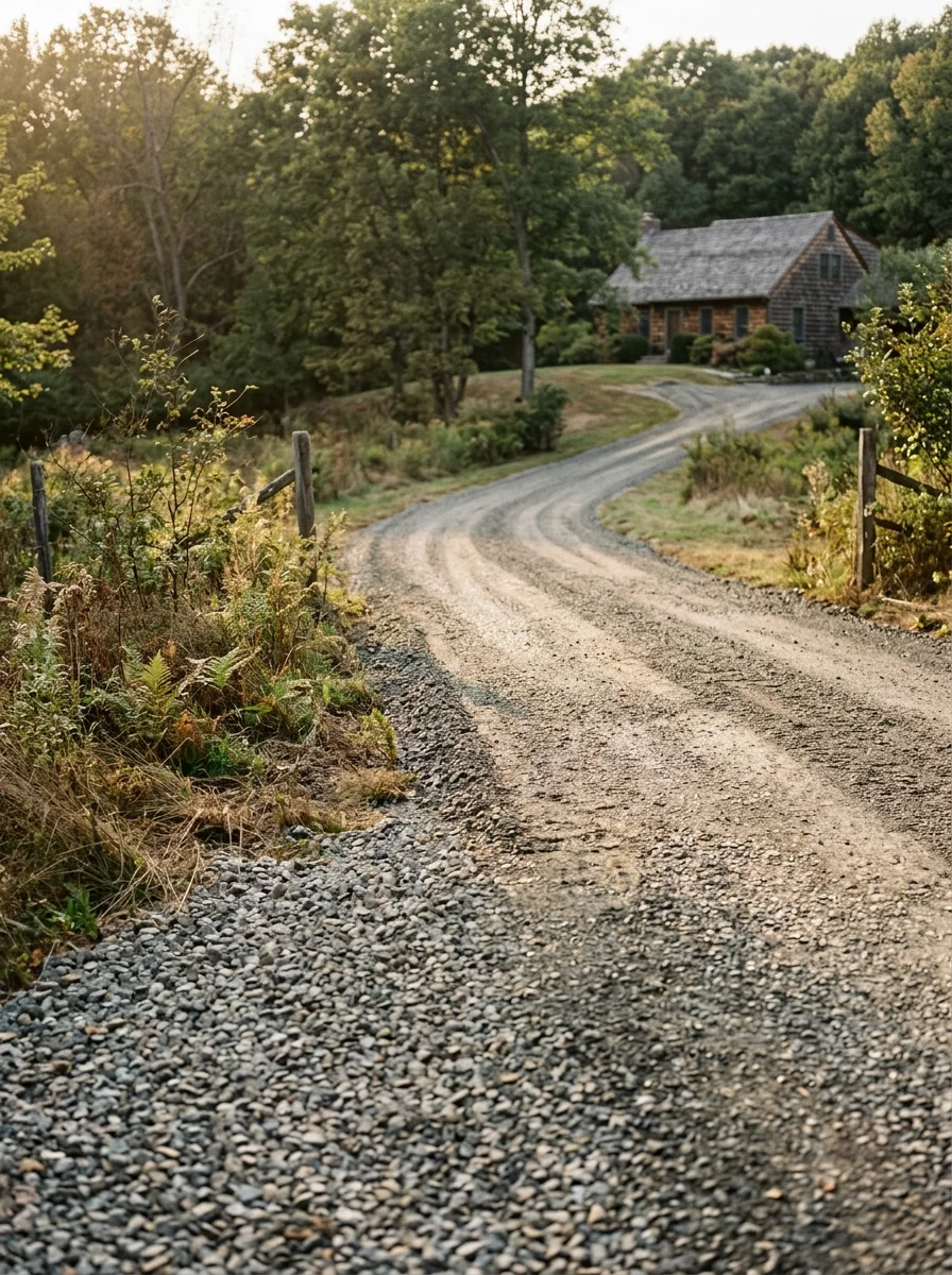 Gravel driveway installation on a rural Sussex County, NJ property with sloped terrain, showing freshly graded and compacted gravel surface leading to a residential structure.