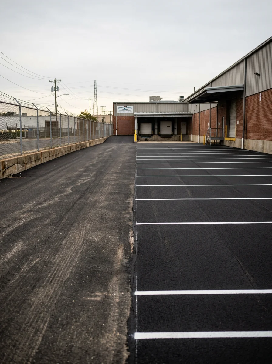 Industrial parking lot in Elizabeth, NJ, freshly paved and striped with white lines near a warehouse loading dock, showing smooth black asphalt surface built for heavy truck traffic.
