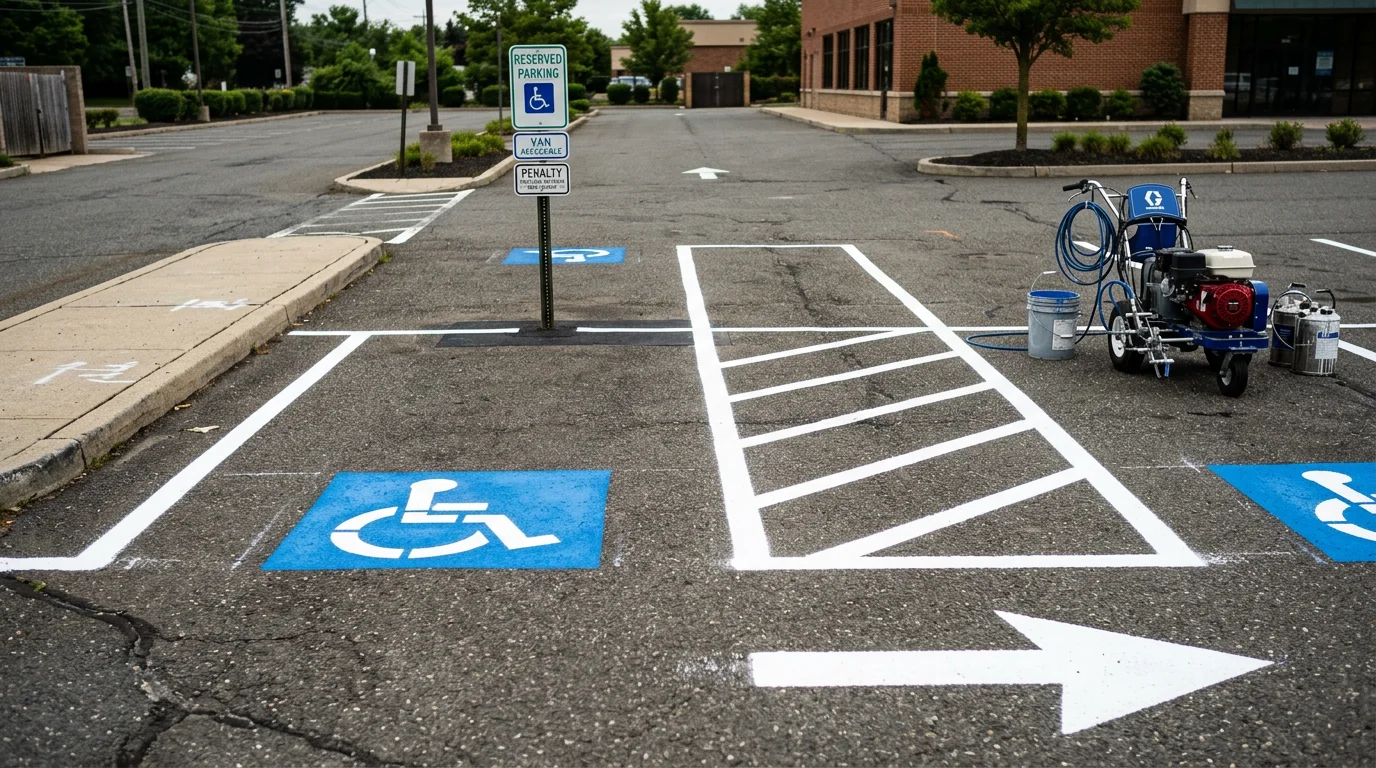 Freshly painted ADA compliant accessible parking spaces with blue markings, International Symbol of Accessibility stencils, and van-accessible designation in a commercial parking lot in Passaic County, New Jersey. White access aisle hash marks separate the accessible stalls from standard parking spaces.