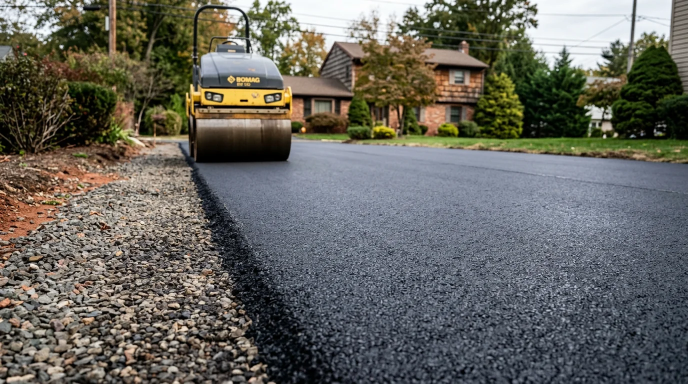Freshly installed black asphalt driveway at a residential property in Passaic County, New Jersey, with clean edges and a smooth compacted surface. The surrounding lawn and curb line are visible, showing the finished installation in a typical North Jersey residential setting.
