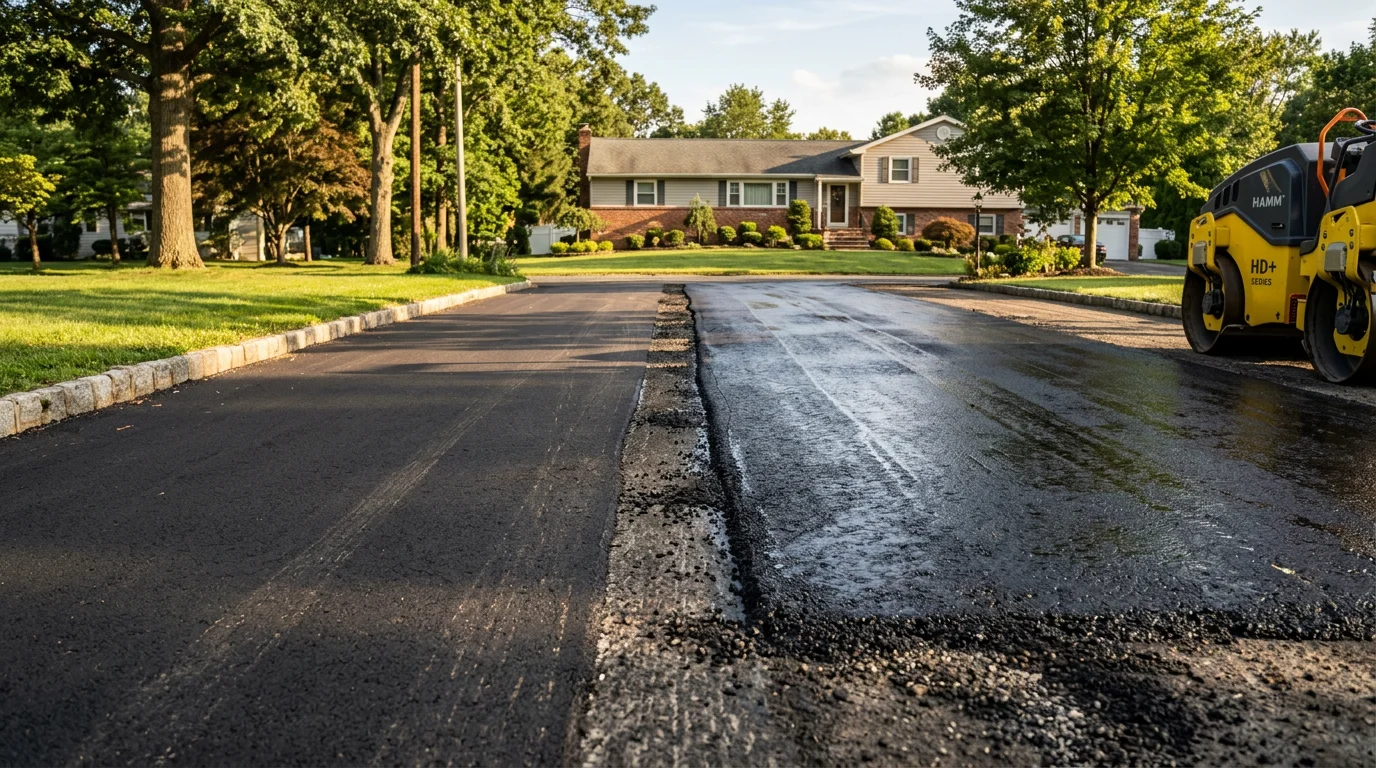 Freshly resurfaced asphalt driveway in Passaic County, New Jersey, showing a smooth, dark surface with clean edges alongside a residential property. Close view highlights the even texture of the new asphalt overlay applied over the existing base.