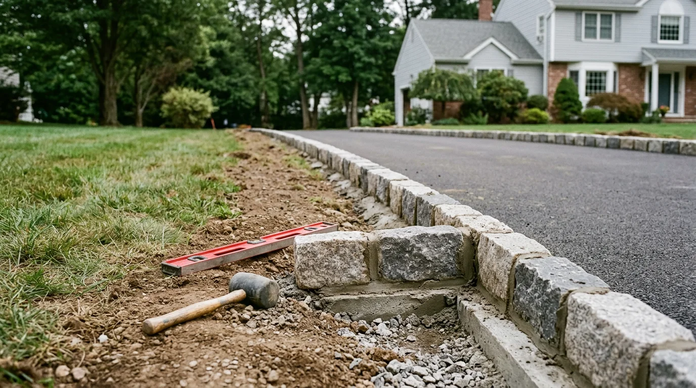 Freshly installed Belgian block driveway edging along a residential property in Passaic County, New Jersey, with natural granite stones hand-set in a straight border separating an asphalt driveway from a landscaped lawn.