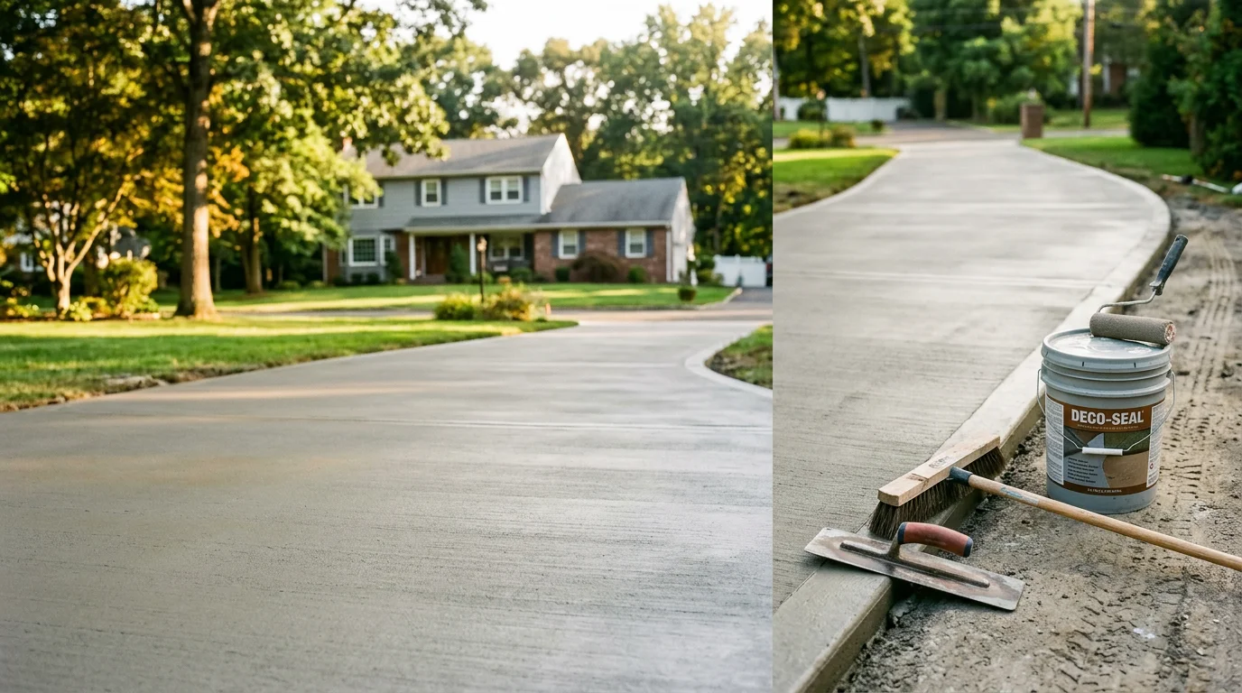 Freshly finished concrete driveway surface in Passaic County, New Jersey, showing a clean broom texture and straight control joints. The surrounding landscape reflects a typical North Jersey residential property in a seasonal setting.