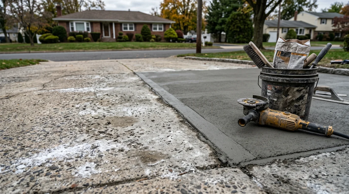 A repaired concrete driveway in Passaic County, New Jersey, showing a smooth, level surface with sealed crack lines visible along the slab. The surrounding property reflects a typical North Jersey residential setting with a two-car garage and mature trees.