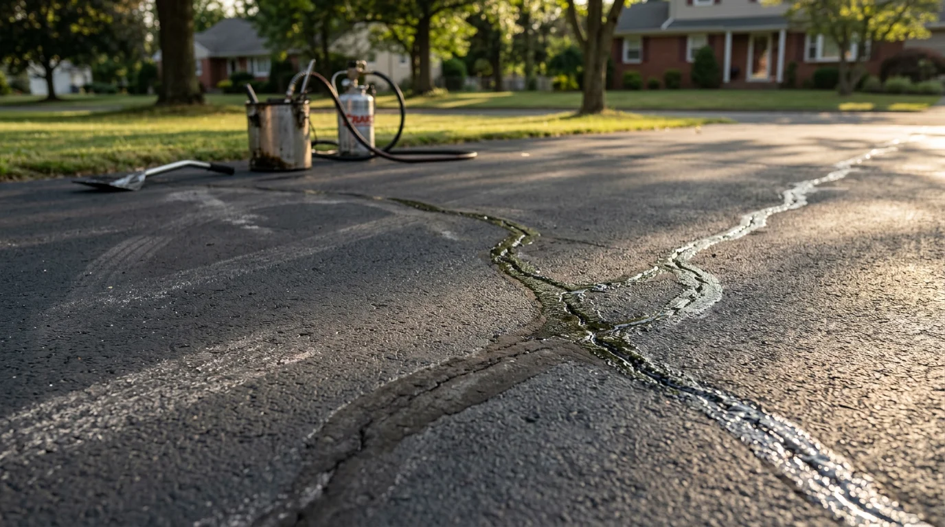 Close-up view of a residential asphalt driveway in Passaic County, New Jersey, showing freshly filled cracks with dark rubberized filler applied along the surface. The repaired cracks run across a weathered asphalt surface, showing the contrast between the sealed joints and the surrounding pavement.