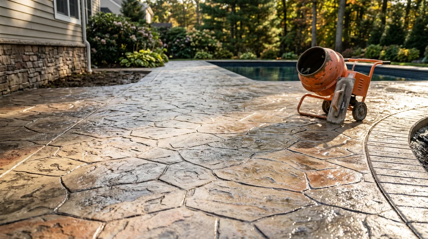 A stamped decorative concrete patio with a stone-pattern finish installed at a residential property in Passaic County, New Jersey. The surface shows defined texture and color with clean edges along a backyard outdoor living area.