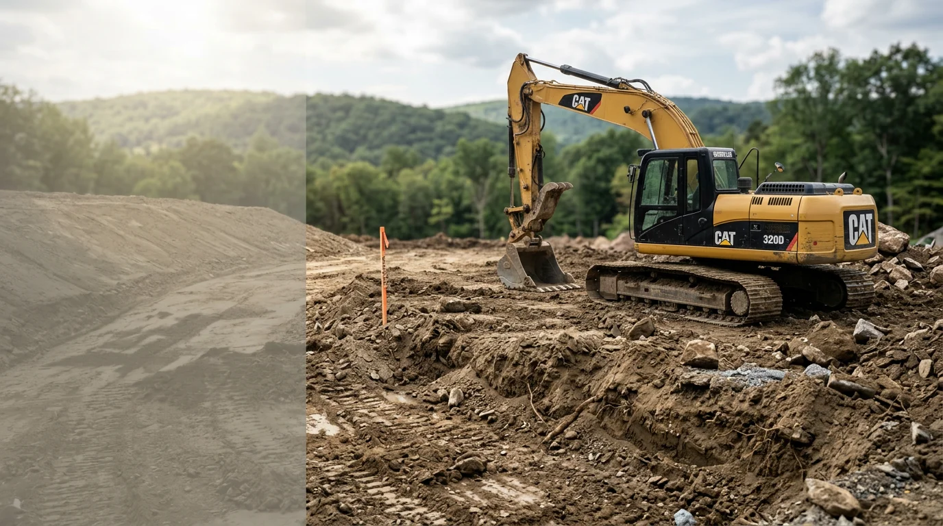 Excavation equipment cutting into sloped terrain on a residential property in Passaic County, New Jersey. Exposed soil and a freshly dug trench show ground preparation in progress before surface work begins.