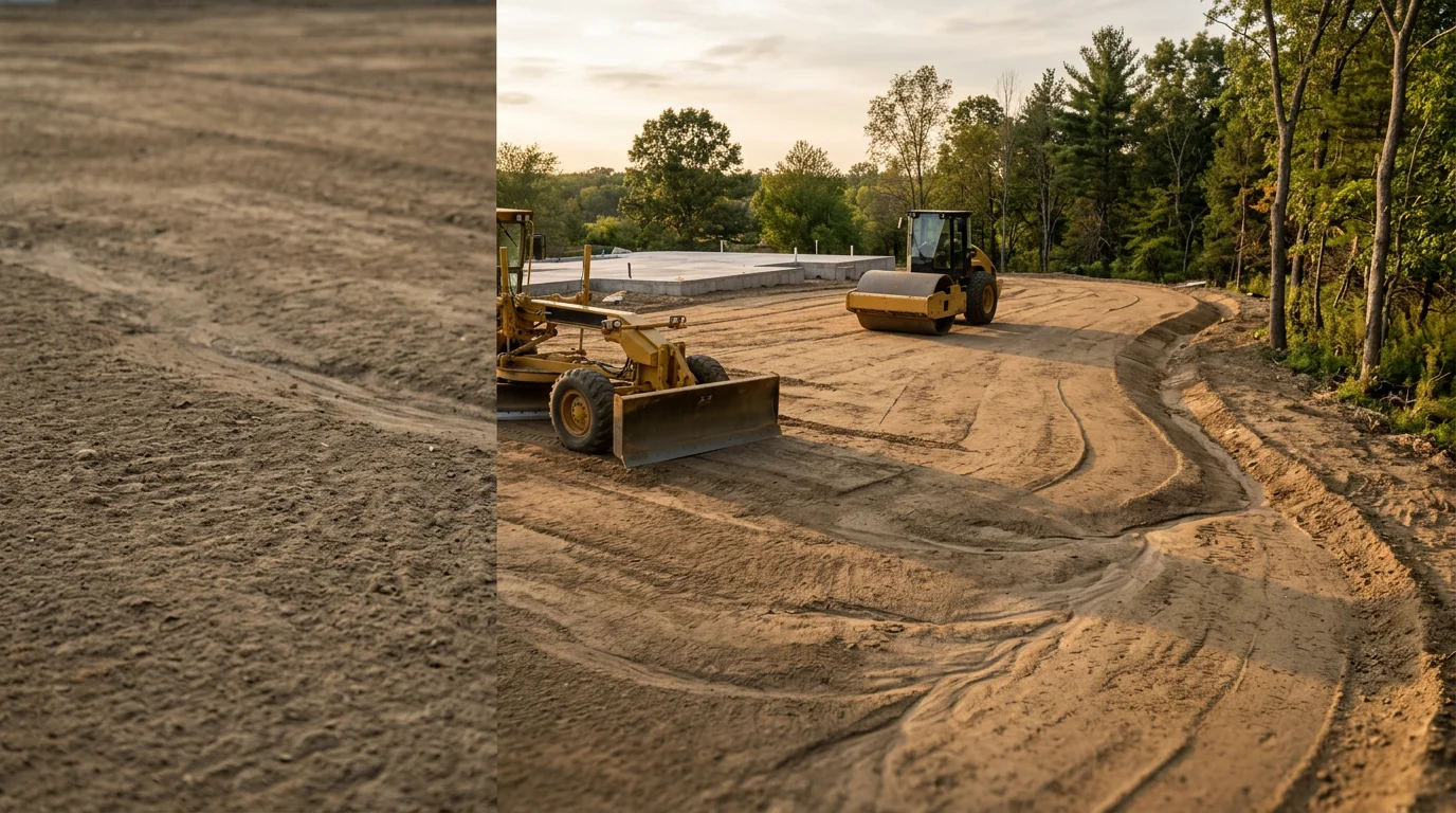 A graded and leveled residential lot in Passaic County, New Jersey, showing smooth compacted earth with a consistent slope away from a home's foundation. Heavy equipment tracks are visible across the freshly worked surface, ready for paving or landscaping.
