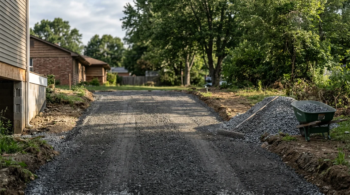 A freshly installed gravel driveway on a residential property in Passaic County, New Jersey, with a compacted stone surface and graded edges directing water away from the home.