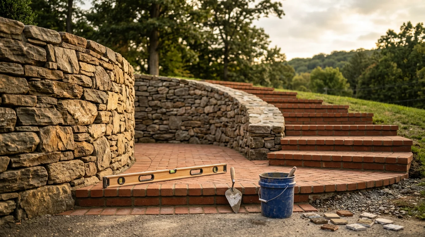 Completed masonry retaining wall and stone steps at a residential property in Passaic County, New Jersey. Tightly laid stonework borders a sloped yard with a clean paved walkway leading to the front entrance.