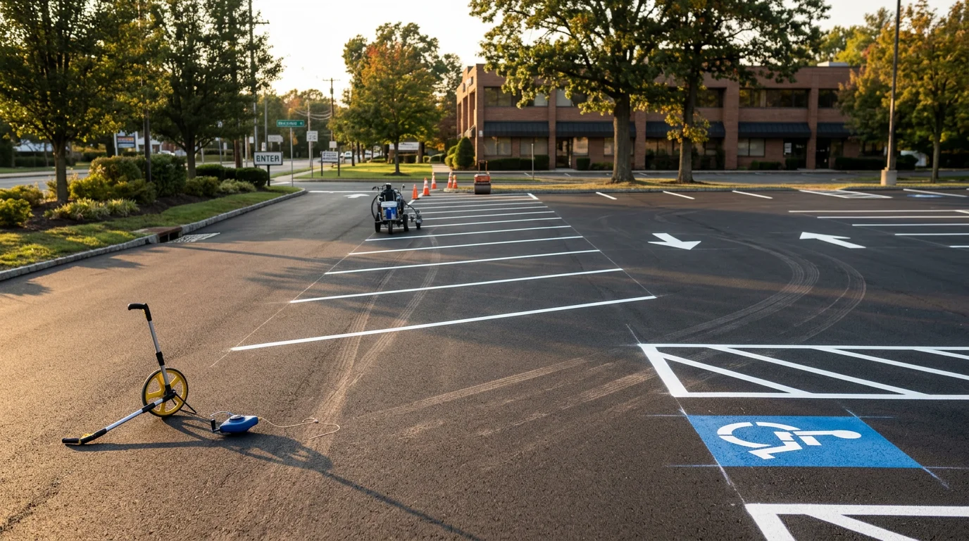 Aerial view of a freshly paved commercial parking lot in Passaic County, New Jersey, showing organized stall rows, clear aisle lanes, and defined entry and exit points. The layout reflects planned traffic flow across a flat commercial property site.