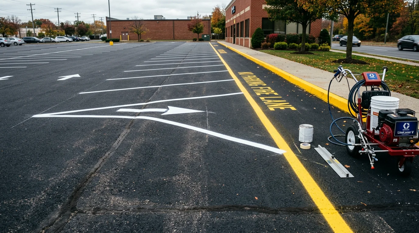 Freshly painted white parking lot line markings on a commercial asphalt lot in Passaic County, New Jersey, showing straight stall lines and directional arrows. The lot surface is clean and the markings are sharp and evenly applied.