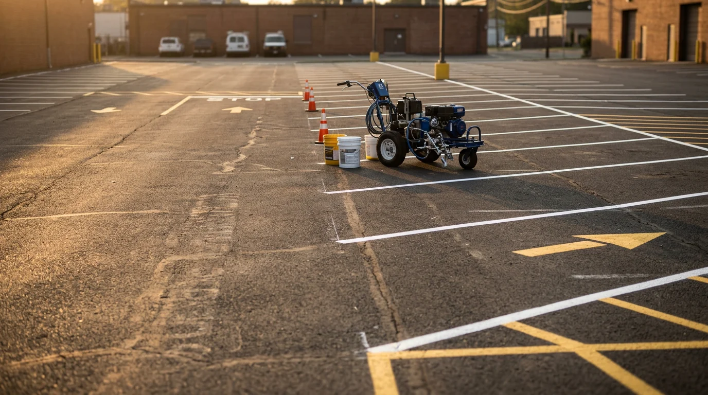 A freshly restriped commercial parking lot in Passaic County, New Jersey, showing bright white stall lines, directional arrows, and a crosswalk against dark asphalt. The crisp markings contrast clearly with the pavement surface on a clear day.