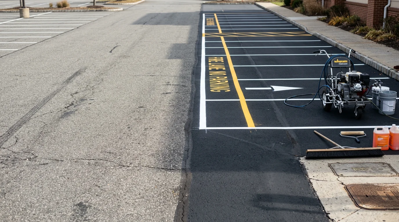 A freshly striped commercial parking lot in Passaic County, New Jersey, showing bright white stall lines, directional arrows, and fire lane markings on clean asphalt. The lot is empty and ready for use after a professional striping service by Rwilliamspaving.
