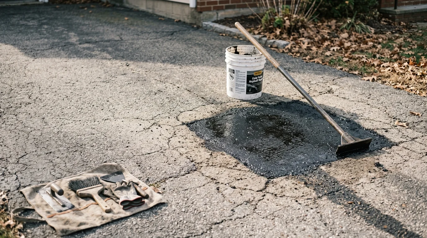 A freshly repaired asphalt pothole in a Passaic County residential driveway, showing a smooth, compacted patch flush with the surrounding pavement surface. The repair site is clean and level with no visible cracking or edge separation.