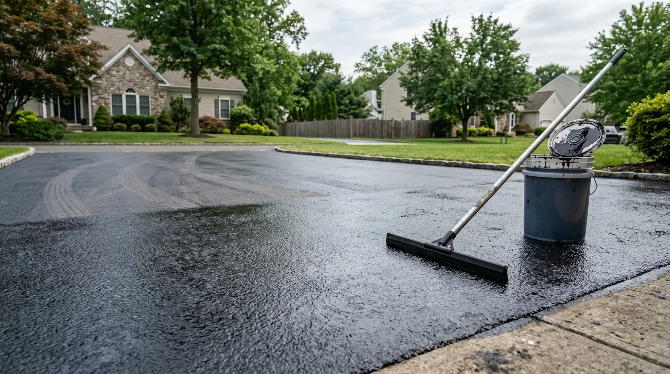 A freshly seal coated residential asphalt driveway in Passaic County, New Jersey, showing a smooth, dark surface with clean edges. The sealed pavement contrasts with the surrounding concrete curbing and lawn border.