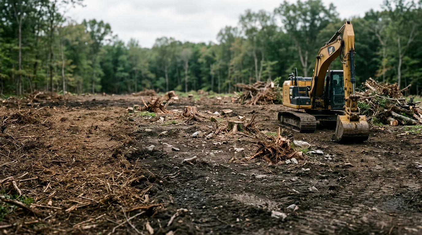 A Passaic County lot after professional site clearing, showing open, debris-free ground with stumps and brush removed in preparation for construction. Heavy equipment tracks are visible across the cleared surface, indicating recent excavation and clearing work.