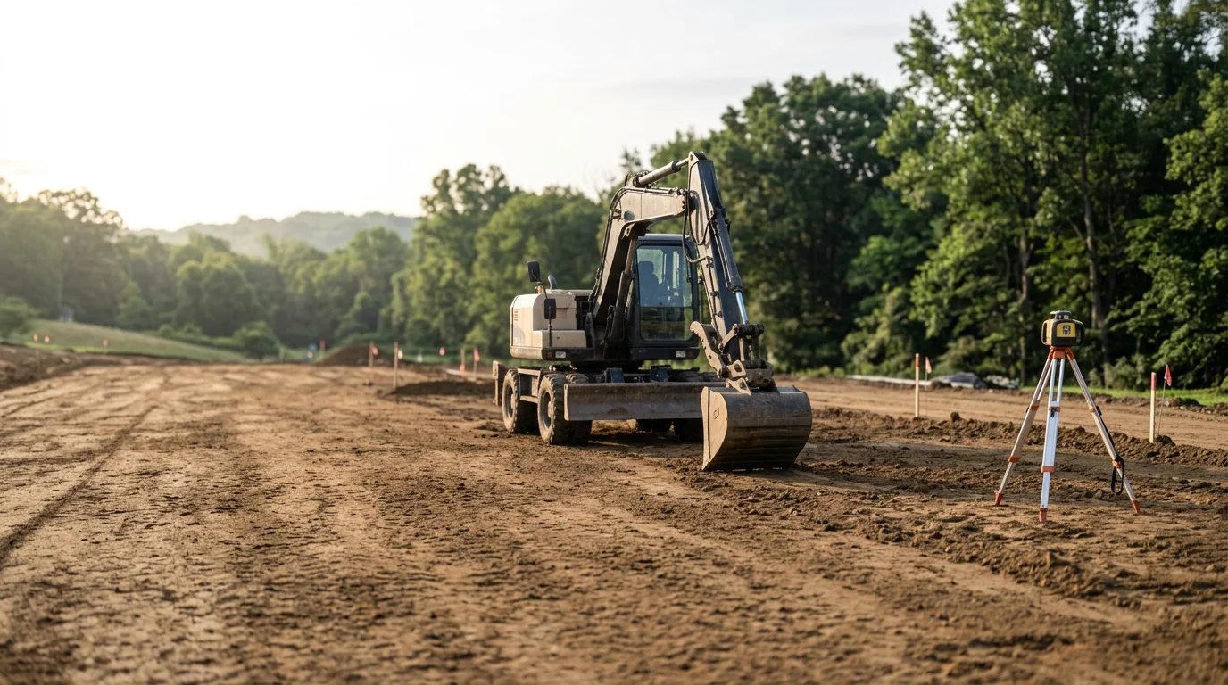 A Rwilliamspaving crew machine-grading a residential lot in Passaic County, NJ, with compacted subgrade visible and surrounding suburban properties in the background. The site is cleared and shaped in preparation for paving work.